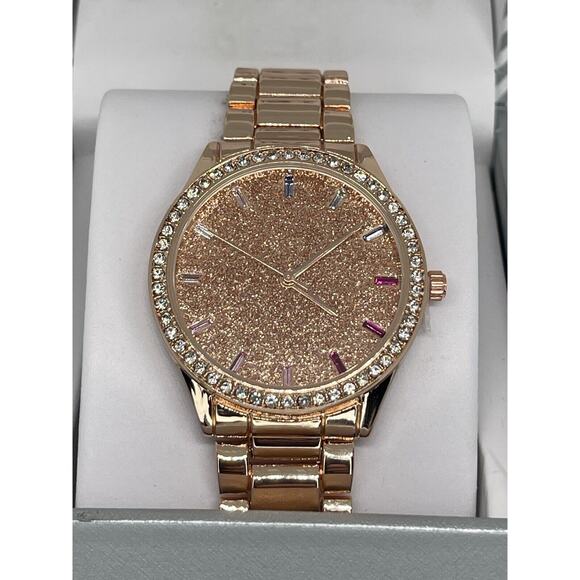 Gold Tone Glitter Dial Bracelet Watch Baguette Crystal Indicies Gift For Her NEW main image 4